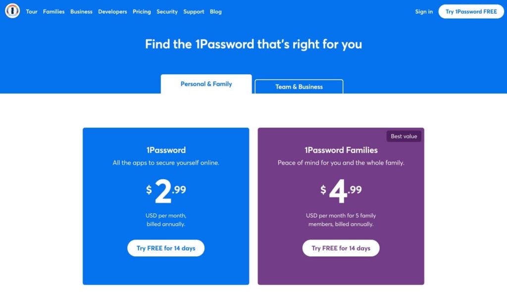 Pricing free trial 1Password